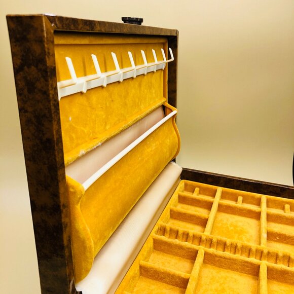 Vintage 60s Jewelry Chest Dresser Box with Drawer: Brown Vinyl Orange Lining - Picture 4 of 10